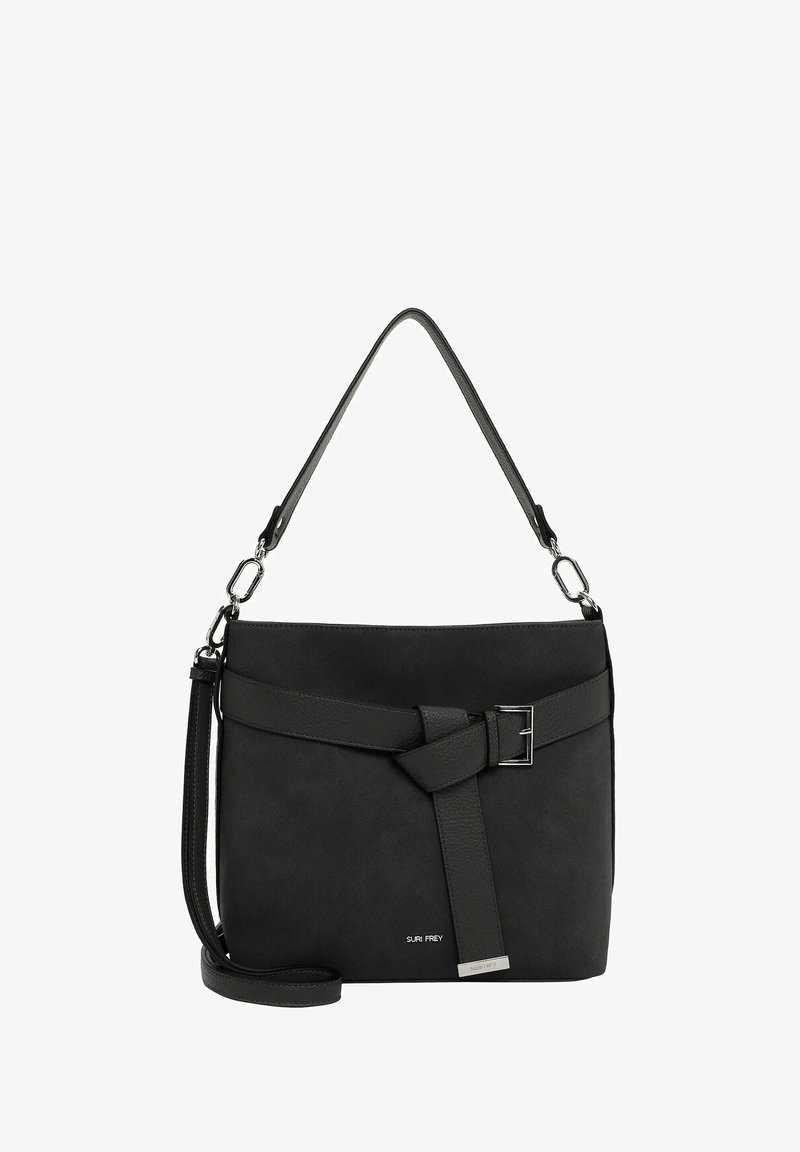 Czarna torebka o gładkiej fakturze, z paskiem na przodzie i detalem klamry. Zawiera odczepiany długi pasek oraz krótki uchwyt.