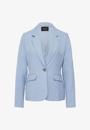 Hellblaues Blazer mit strukturiertem Design, Ein-Knopf-Verschluss und zwei vorderen Taschen. Aus strukturiertem Stoff gefertigt.
