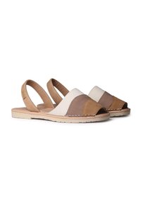 Slingback sandals featuring a range of brown and beige suede panels, open-toe design, stitched detailing, and a light rubber sole.