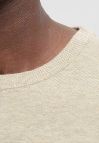 Hellbeige Strickpullover mit rundem, geripptem Ausschnitt. Weiche Textur ist sichtbar, mit subtilen Farbvariationen und einem taillierten Design an den Schultern.