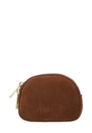 Brun ruskinds møntpung med en rund form, gylden lynlås og præget "VENEZIA" logo på fronten. Glat tekstur, kompakt design.
