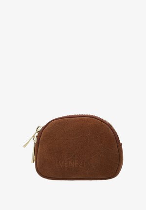 Brun ruskinds møntpung med en rund form, gylden lynlås og præget "VENEZIA" logo på fronten. Glat tekstur, kompakt design.
