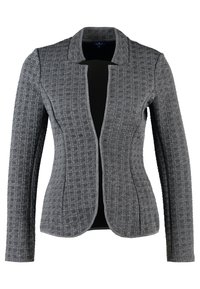 Szary pikowany żakiet o dopasowanym kroju, teksturowanej powierzchni, otwartym przodzie i bez zapięcia. Posiada gładką czarną podszewkę i wąski kołnierz.