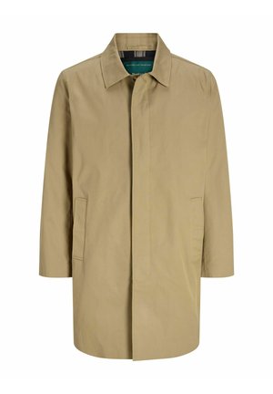 Imperméable beige pour homme, à simple boutonnage, avec col classique et poches passepoilées latérales, fermeture à boutons recouverts à l'avant, longueur mi-cuisse.