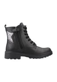 Stivale alla caviglia nero realizzato in ecopelle liscia, con zip laterale, lacci frontali e un accento a forma di stella glitter argento. Design della suola robusto.
