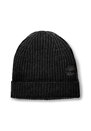 Black knitted beanie with ribbed texture, featuring a folded cuff and an embossed logo on the side. Suitable for cold weather wear.