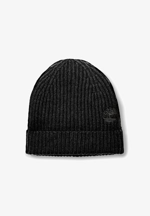 Black knitted beanie with ribbed texture, featuring a folded cuff and an embossed logo on the side. Suitable for cold weather wear.