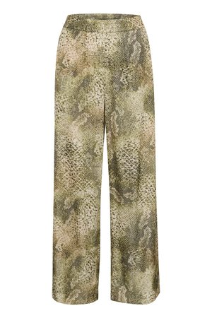 Pantaloni a gamba larga con un motivo ispirato ai rettili che presenta tonalità di verde, beige e marrone. Texture liscia con vita elastica per il massimo comfort.