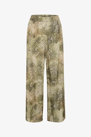 Weite Hosen im reptilieninspirierten Muster mit grünen, beige und braunen Tönen. Glatte Textur mit elastischem Bund für zusätzlichen Komfort.