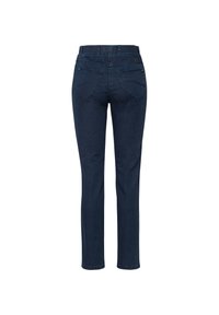 Jeans in denim blu scuro con vestibilità slim, dotati di tasche posteriori, vita a media altezza e dettagli di cucitura minimi.