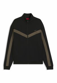 Sort zip-up jakke med brune chevron- og ærmestrimler, standkrave, side lommer og "Hugo" logo på venstre bryst.