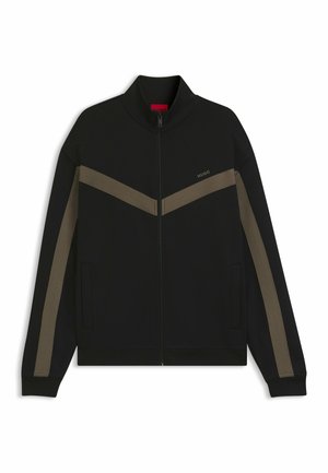 Black zip-up jacket with brown chevron and sleeve stripes, stand collar, side pockets, and "Hugo" logo on left chest.