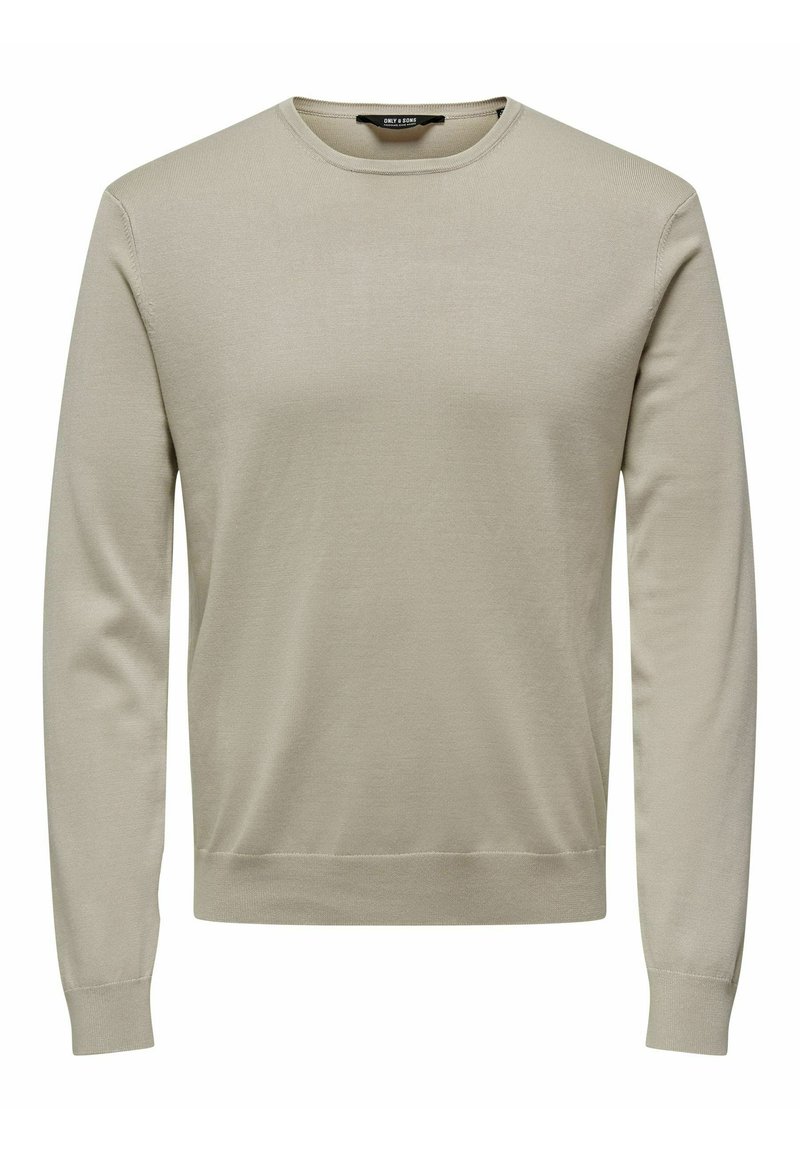 Lichtbeige crewneck sweater met lange mouwen, voorzien van een gladde, textuurstof en ribgebreide boorden en onderkant. Eenvoudig ontwerp, geen patronen.
