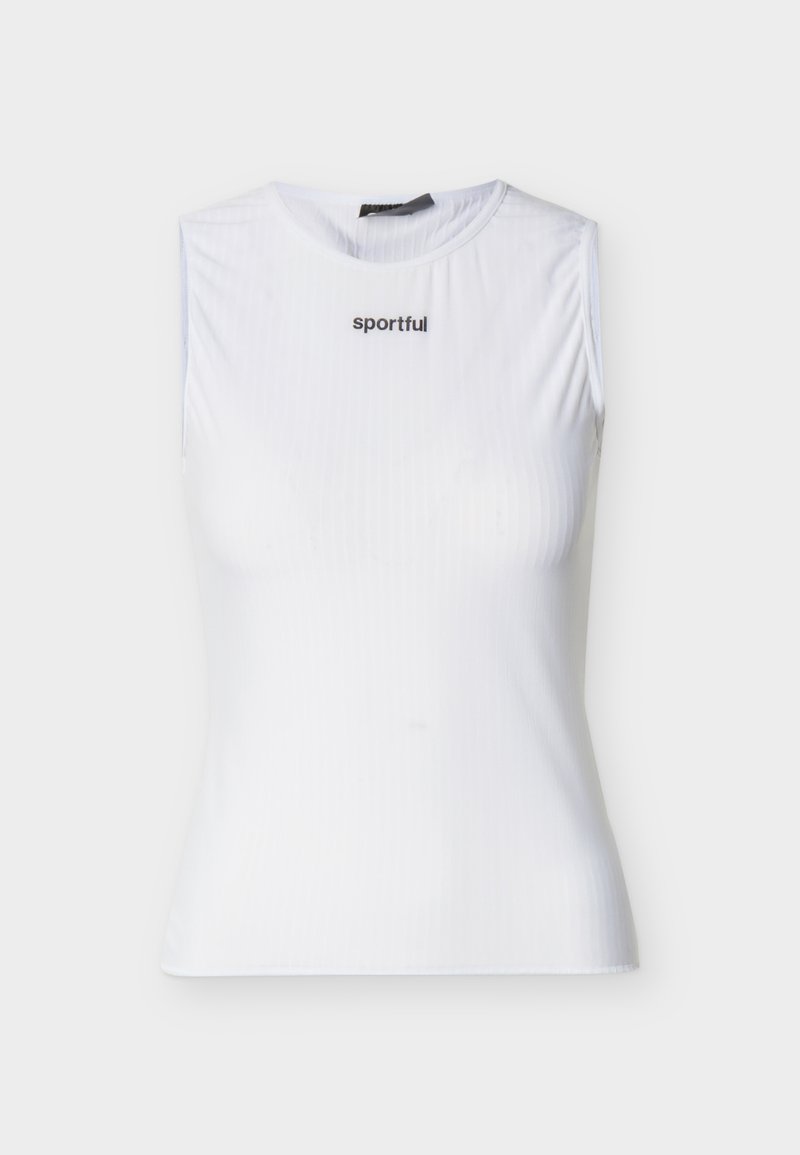 White sleeveless sports tank top with round neckline and small black "sportful" logo centered near the collar.