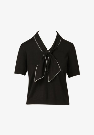 Schwarzer Kurzarmpullover mit Kragen und großem Schleifen-Detail, ausgestattet mit kontrastierendem weißen Besatz an den Kanten. Glatte Textur.