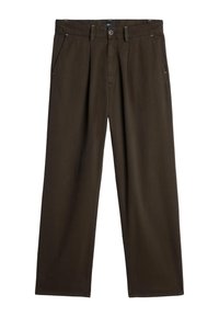 Pantaloni di cotone marroni con una vestibilità ampia, dotati di tasche frontali, chiusura con bottone e dettagli di cucitura a contrasto.