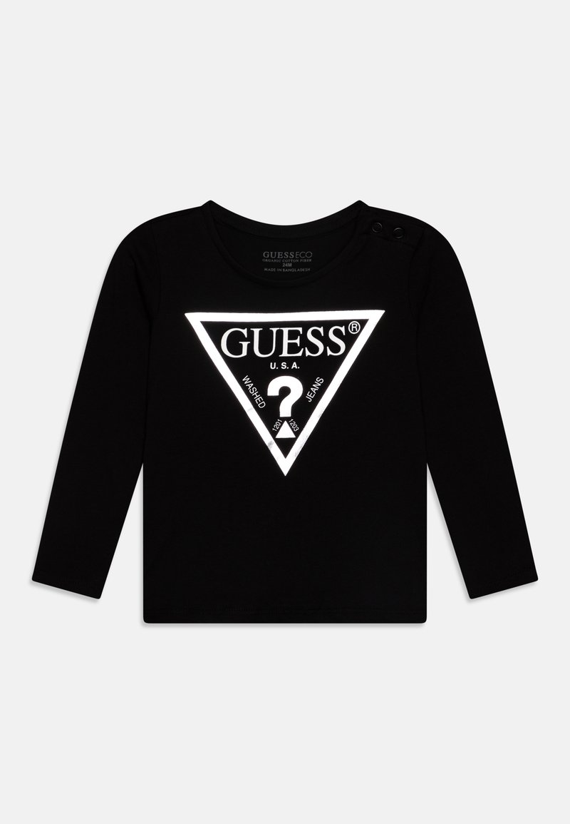 Schwarzes Langarm-T-Shirt mit einem großen reflektierenden dreieckigen Logo in Weiß, mit Druckknöpfen an der Schulter für ein einfaches Anziehen.