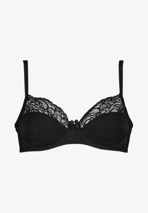 Schwarzer Spitzen-BH mit gepolsterten Cups, verstellbaren Trägern und einer kleinen Schleife mit Schmuckstein in der vorderen Mitte.