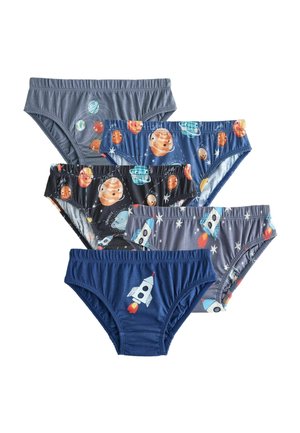 Pět párů dětského spodního prádla s vesmírnými motivy, včetně raket, planet a hvězd, v různých barvách a vzorech.