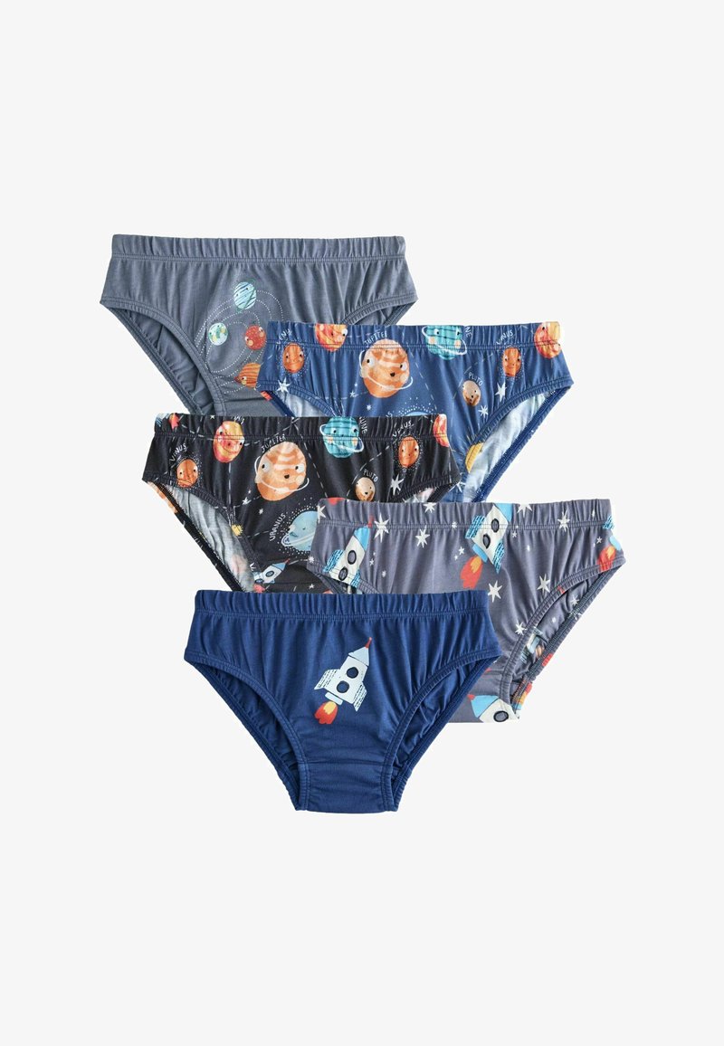 Cinq paires de sous-vêtements pour enfants avec des motifs sur le thème de l'espace, incluant des fusées, des planètes et des étoiles, dans diverses couleurs et designs.