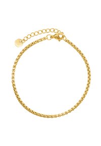 Goldene Kettenarmband mit feinem Linkdesign, ausgestattet mit einem Verschluss und einer verstellbaren Kette, die einen kleinen runden Anhänger enthält.