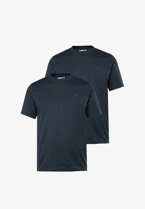 Deux t-shirts à manches courtes en tissu bleu marine foncé. Col rond avec un détail de logo discret sur la poitrine. Texture douce et légère.