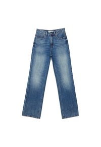 Wide-leg blue denim jeans with a faded wash, five pockets, and a buttoned fly. Made of thick cotton material with straight cuts.