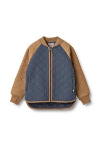 Quiltet bomberjakke i mørkeblå og lysebrun, med ribbet krave og manchetter, lynlåslukning og to sidelommer.