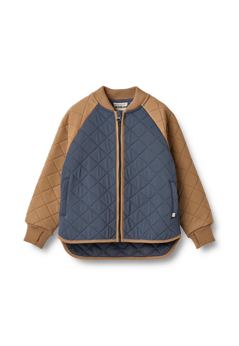 Quiltet bomberjakke i mørkeblå og lysebrun, med ribbet krave og manchetter, lynlåslukning og to sidelommer.