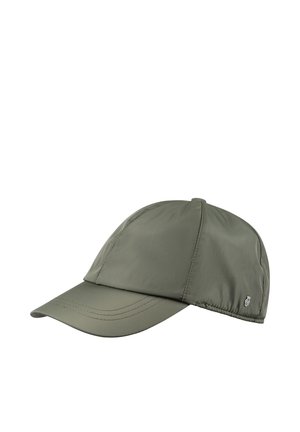 Helle olivgrüne Kappe aus glattem, leichtem Stoff. Sie hat einen gebogenen Schirm und gestickte Details, mit einem kleinen Logo an der Seite.