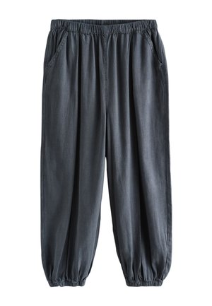 Dunkelgraue Freizeithose mit elastischem Bund und elastischen Bündchen, seitlichen Taschen und lässiger Passform.