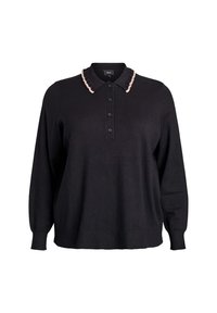 Czarny długi rękaw polo sweter z kołnierzykiem, zdobiony jasnoróżowym falbaną. Posiada zapięcie na guziki z przodu oraz ściągacz u dołu.