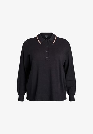 Pull-over noir à manches longues avec un col, orné d'une légère volute rose. Il possède un devant boutonné et un bas côtelé.