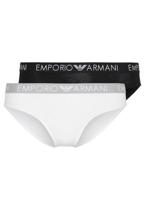 Twee paren damesondergoed, één wit met een grijze tailleband, één zwart met een zwarte tailleband, beide met gemerkte elastieken.