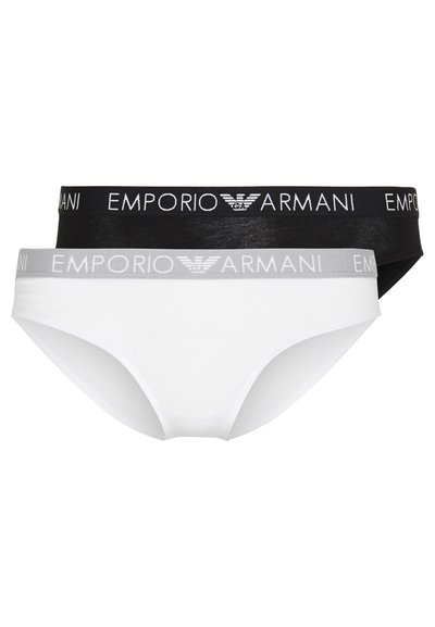 Two pairs of women's briefs, one white with gray waistband, one black with black waistband, both featuring branded elastic bands.