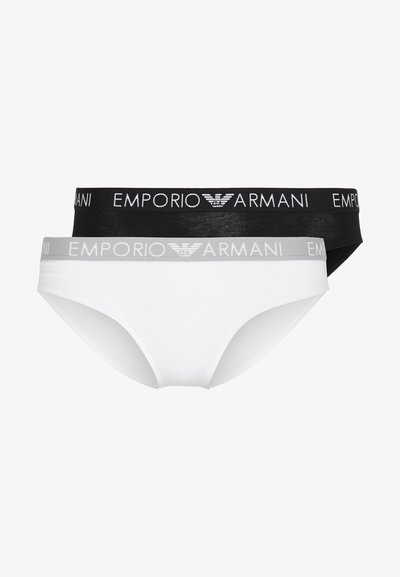 Dois pares de cuecas femininas, uma branca com uma cintura cinza, e outra preta com uma cintura preta, ambas com faixas elásticas de marca.