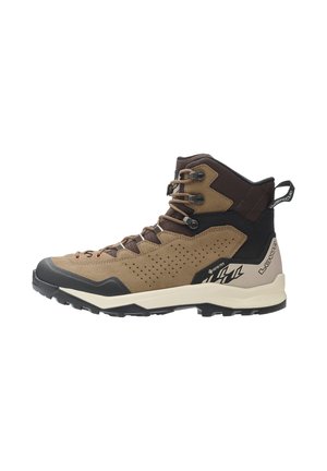 Brown and black high-top hiking boot with lace-up front, Gore-Tex branding, and rugged sole on white background.