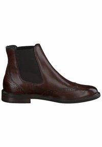 Bota Chelsea de piel marrón con paneles laterales elásticos, detalles de picado en la puntera y la parte superior, y un tacón de madera apilada.