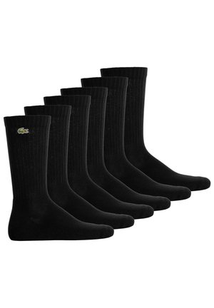 Schwarze Baumwollsocken, gerippte Textur, Knöchellänge, mit einem kleinen grünen Logo auf einer Seite. Set aus sechs Paaren.