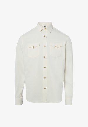 Weißes Hemd mit langen Ärmeln, spitzem Kragen, zwei Brusttaschen mit Klappen und vorderen Metall-Druckknöpfen.