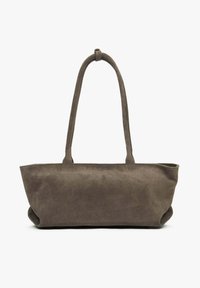 Torebka typu tote z zamszu w ciemnoszarym kolorze, z dwiema długimi rączkami, prostokątnym kształtem i miękką teksturą. Posiada bezszwowy design bez zewnętrznych zdobień.
