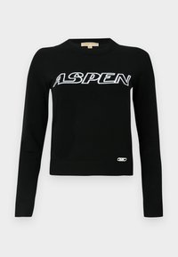Schwarzer Strickpullover mit langen Ärmeln, rundem Ausschnitt und dem Schriftzug "ASPEN" in weißen Buchstaben quer über der Brust. Verfügt über ein kleines Logo am Saum.