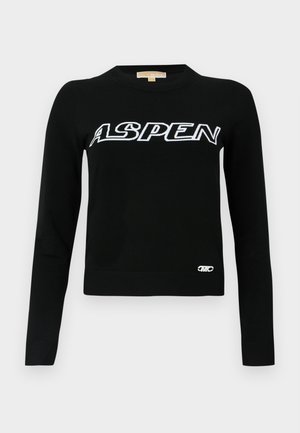 Black knit sweater with long sleeves, round neckline, and "ASPEN" in white lettering across the chest. Features a small logo on the hem.