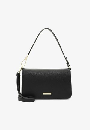 Zwarte leren handtas met een gewelde textuur, gouden hardware, een afneembare schouderband en een rechthoekige vorm. Bevat een subtiele merkplaat.