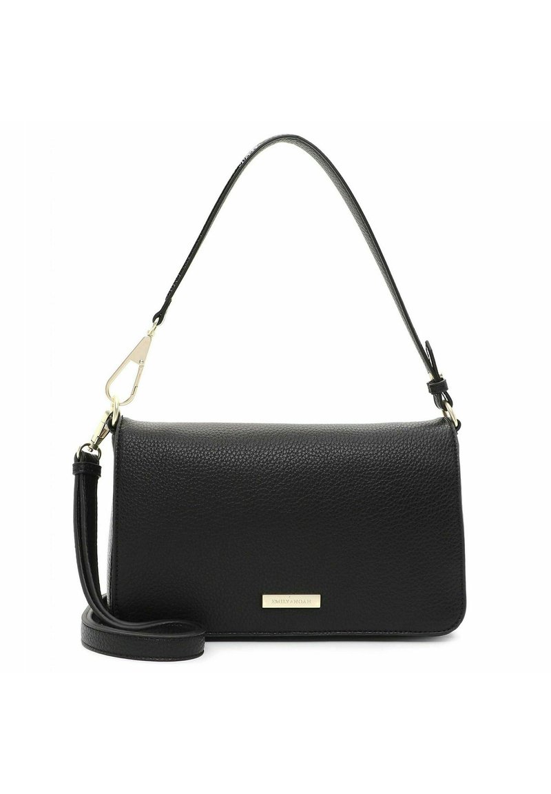 Bolso de mano de cuero negro con textura granulada, herrajes en dorado, correa desmontable y forma rectangular. Presenta una discreta placa de marca.