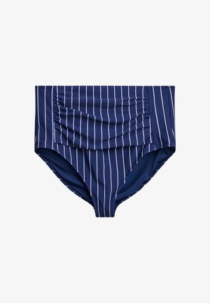 Navy blue high-waist bikini bottom with vertical white pinstripes and gathered fabric detail at the front center.