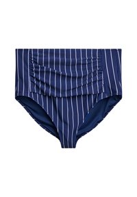 Granatowe bikini z wysokim stanem, z poziomymi białymi paskami i marszczonym detalem z przodu.