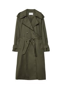 Olivenfarvet trenchcoat lavet af glat stof, med dobbeltbrystet front, stor krave, bindebælte i taljen og to sidelommer.