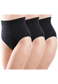 Mutande nere a vita alta con una morbida cintura elastica e un design senza cuciture, caratterizzate da una vestibilità aderente e una texture di tessuto morbido.