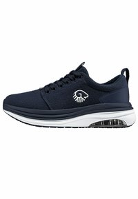 Navy athletic shoe with a textured fabric upper, round laces, logo accent, white midsole, and visible air cushioning in the sole.